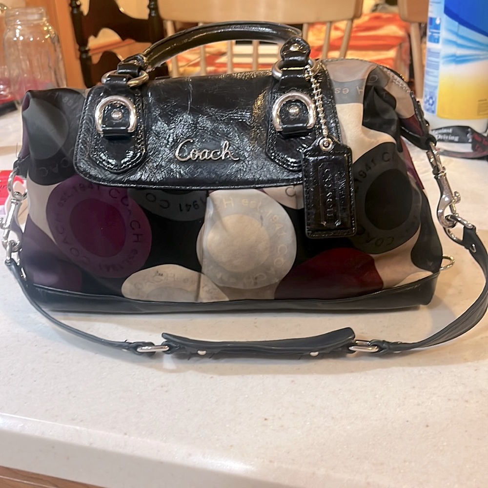 Coach bag gray green and purple with black leather straps